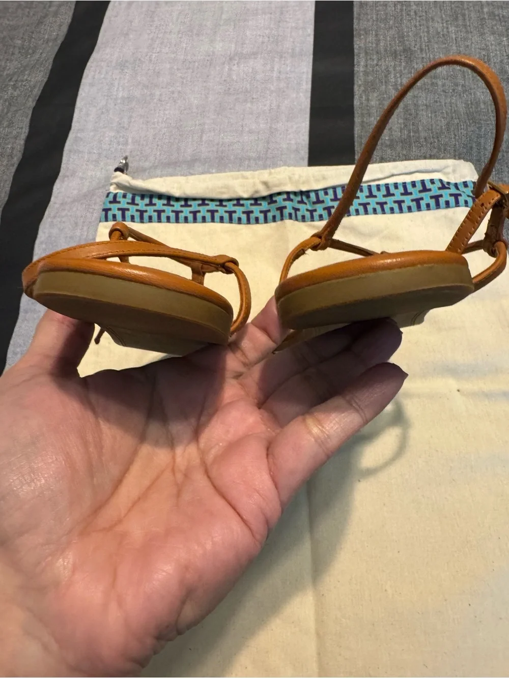 Tory Burch Tan Leather T-Strap Sandals with Gold Trim